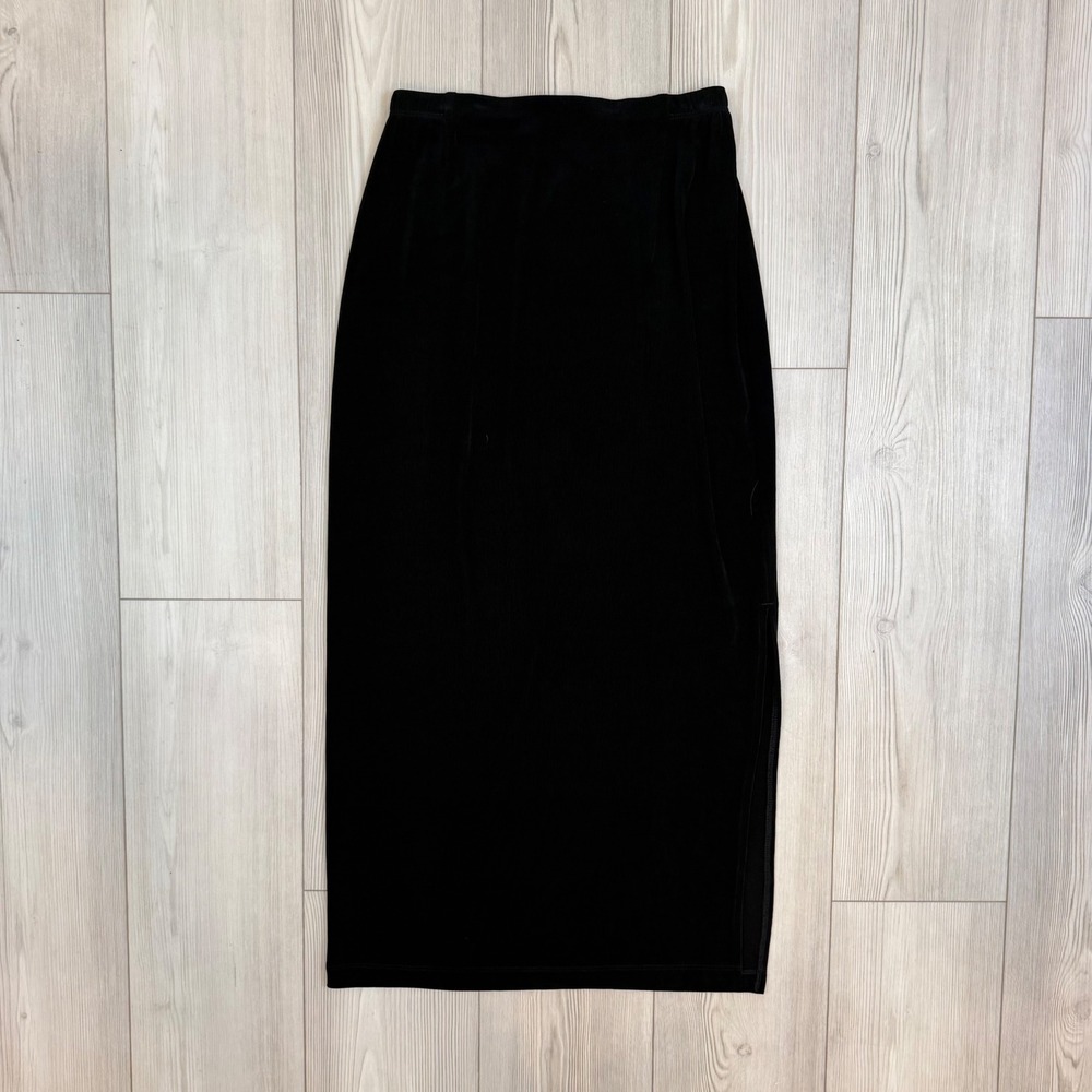 Chicos Travelers Black Slinky Knit Maxi Skirt Side Slit Size 1 M Made in USA